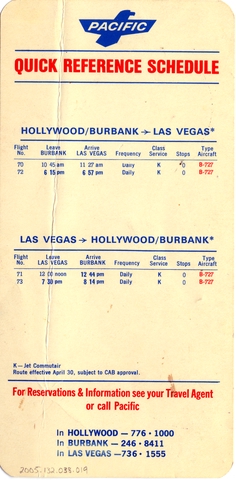 Timetable: Pacific Air Lines, quick reference, Hollywood/Burbank - Las Vegas