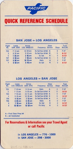 Timetable: Pacific Air Lines, quick reference, San Jose - Los Angeles