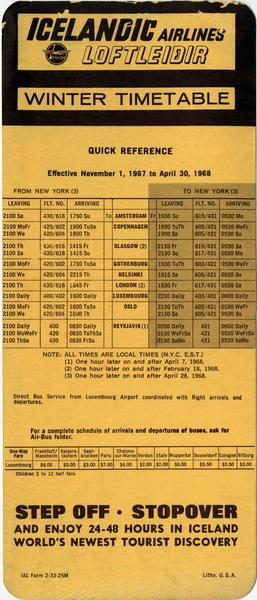 Image: timetable: Icelandic Airlines (Loftleidir), quick reference, winter schedule