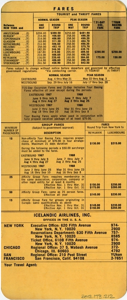 Image: timetable: Icelandic Airlines (Loftleidir), quick reference, winter schedule