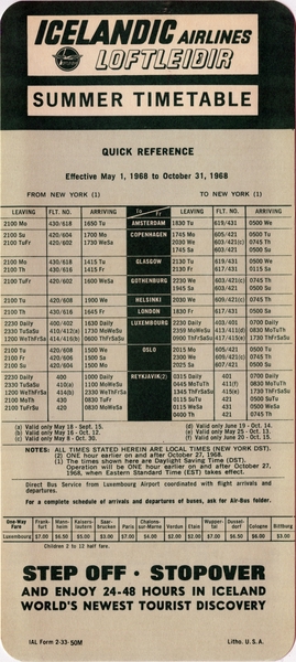 Image: timetable: Icelandic Airlines (Loftleidir), quick reference, summer schedule