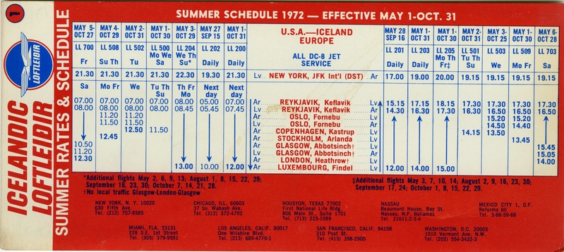 Image: timetable: Icelandic Airlines (Loftleidir), summer schedule