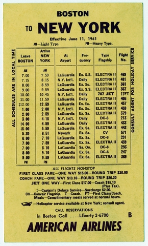 Timetable: American Airlines, pocket schedule, Boston / New York