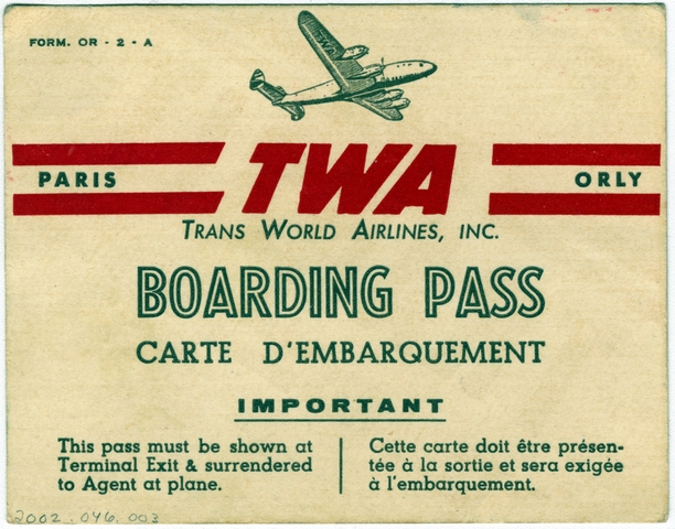 Boarding pass: TWA (Trans World Airlines), Paris Orly Airport