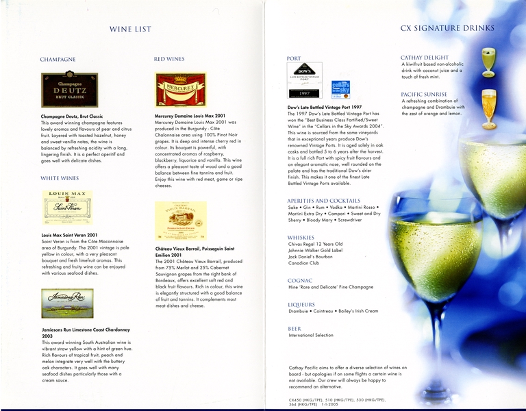 Image: menu: Cathay Pacific Airways, Business Class
