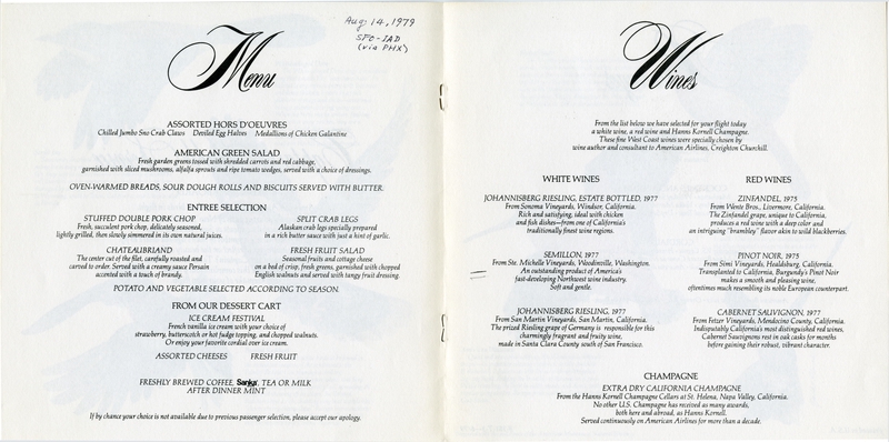 Image: menu: American Airlines, Business Class