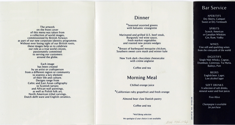 Image: menu: British Airways, World Traveller (Economy) Class