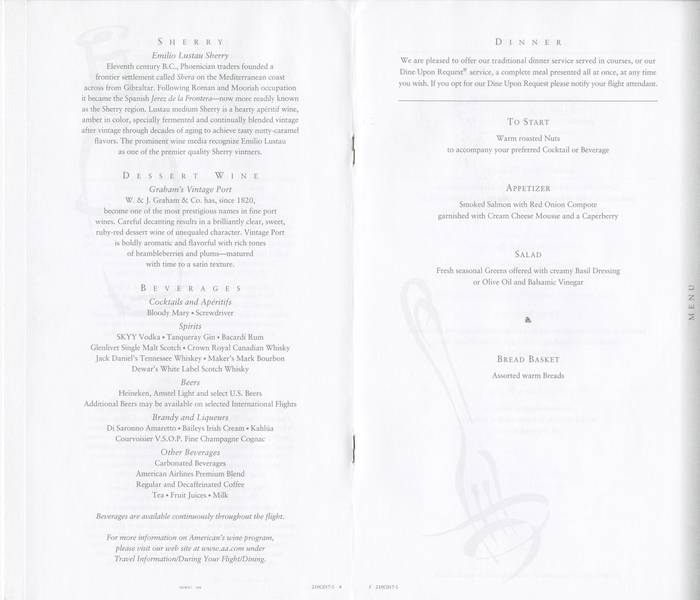 Image: menu: American Airlines, Business Class