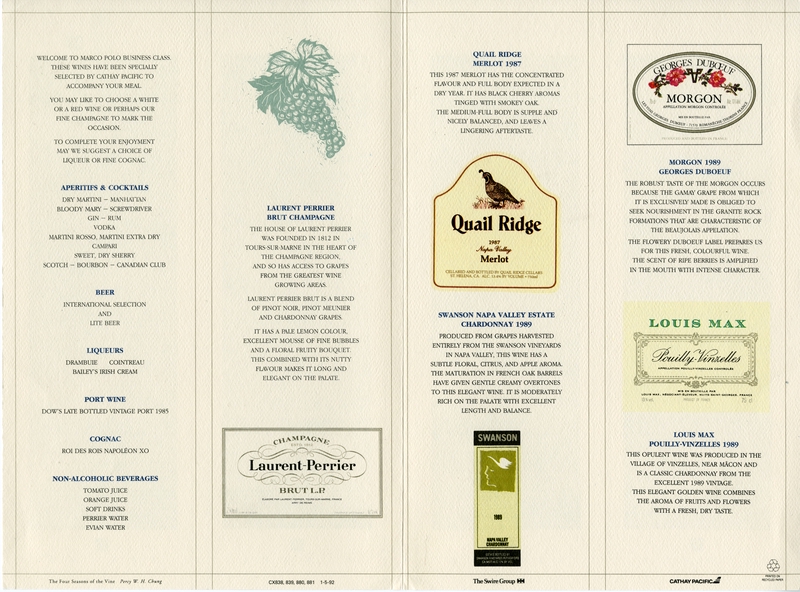 Image: menu: Cathay Pacific Airways, Marco Polo (Business) Class