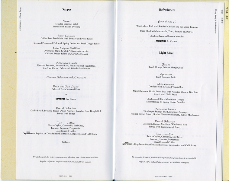 Image: menu: Cathay Pacific Airways, Business Class