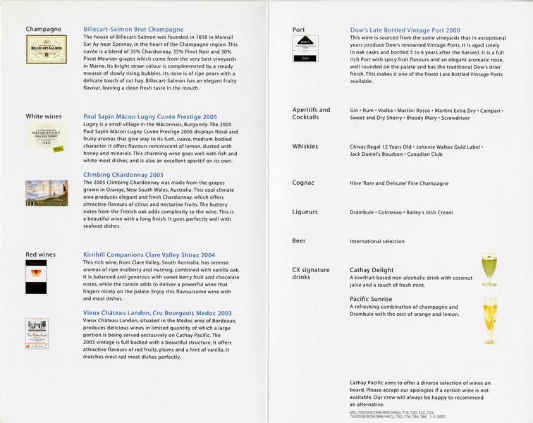 Image: menu: Cathay Pacific Airways, Business Class