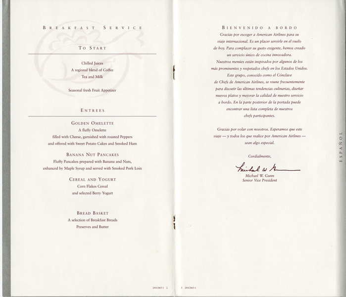 Image: menu: American Airlines, Business Class