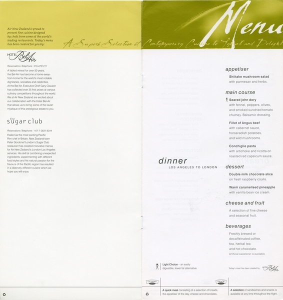Image: menu: Air New Zealand, Business Class