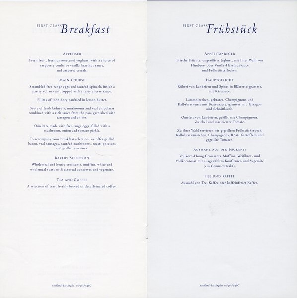 Image: menu: Air New Zealand, First Class