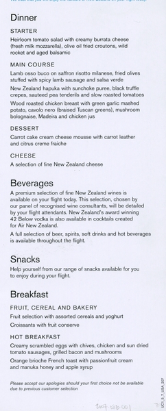 Image: menu: Air New Zealand, Premium Economy Class