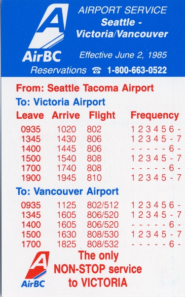 Image: timetable: Air BC, with quick reference guide