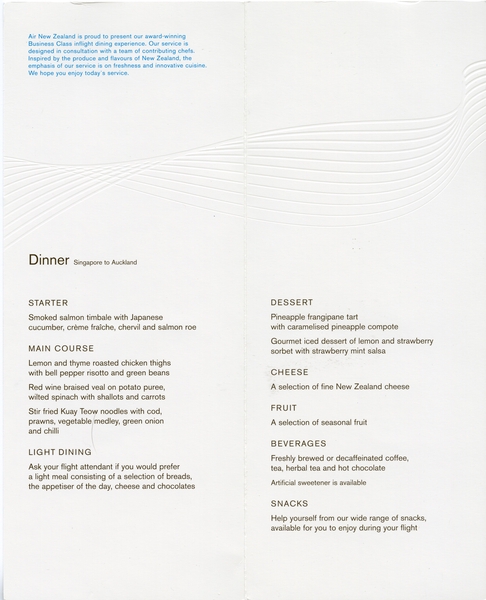 Image: menu: Air New Zealand, Business Class