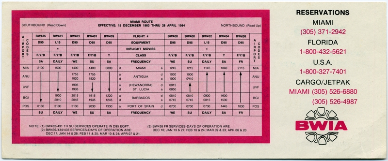 Image: timetable: BWIA (British West Indies Airways)