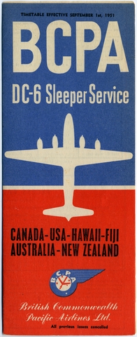 Timetable: BCPA (British Commonwealth Pacific Airlines), transpacific Douglas DC-6 Sleeper Service