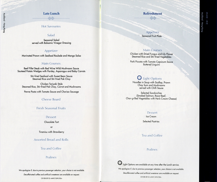 Image: menu: Cathay Pacific Airways, Business Class