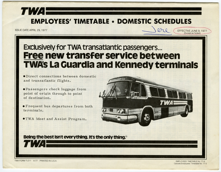 Image: timetable: TWA (Trans World Airlines), employee schedule