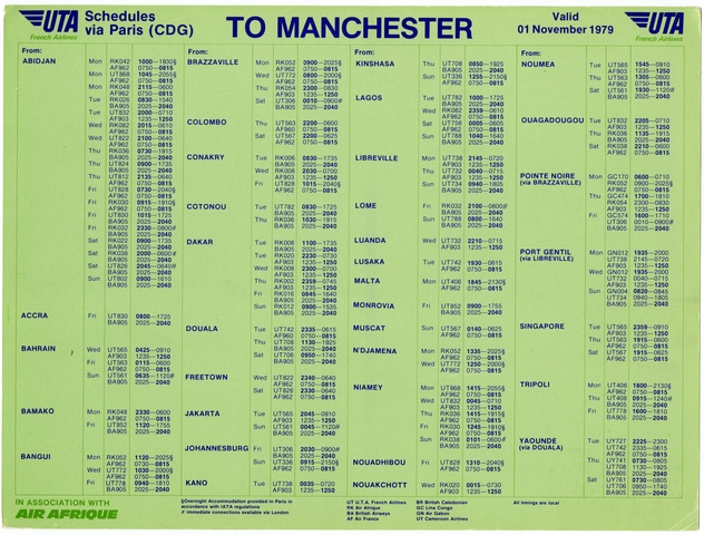 Timetable: UTA (Union de Transports Aériens), Paris and Manchester