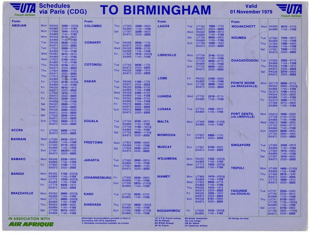 Timetable: UTA (Union de Transports Aériens), Paris and Birmingham