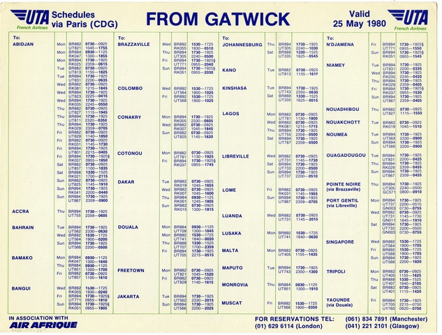 Timetable: UTA (Union de Transports Aériens), Paris and London Gatwick