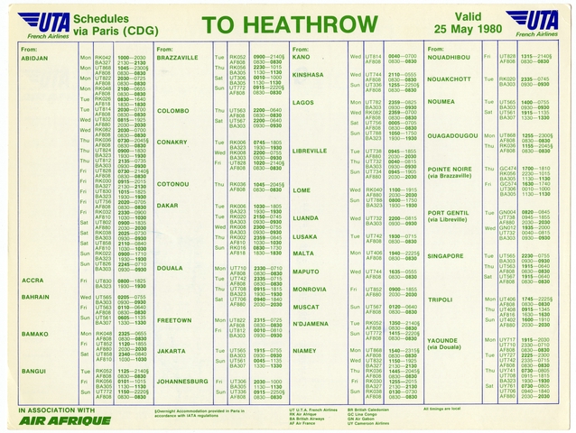 Timetable: UTA (Union de Transports Aériens), Paris and London Heathrow