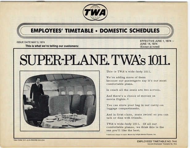 Timetable: TWA (Trans World Airlines), employee schedule