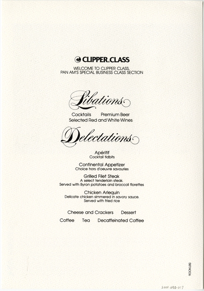 Image: menu: Pan American World Airways, Clipper (Business) Class