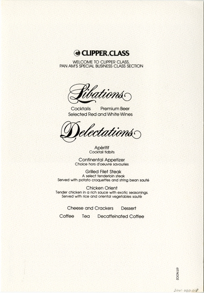 Image: menu: Pan American World Airways, Clipper (Business) Class