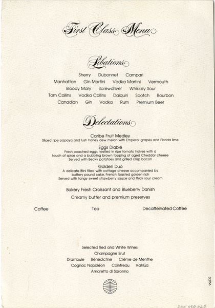 Image: menu: Pan American World Airways, First Class