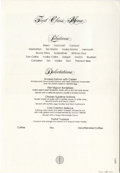 Image: menu: Pan American World Airways, First Class