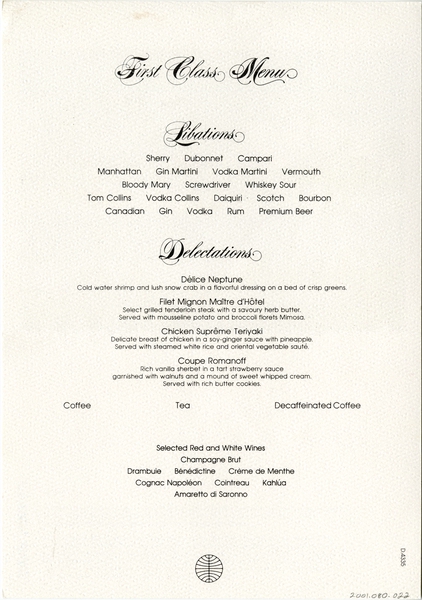 Image: menu: Pan American World Airways, First Class