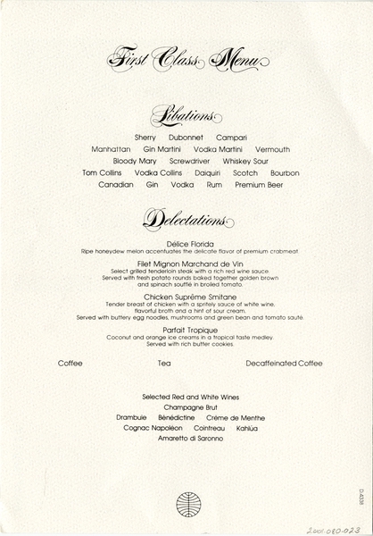 Image: menu: Pan American World Airways, First Class