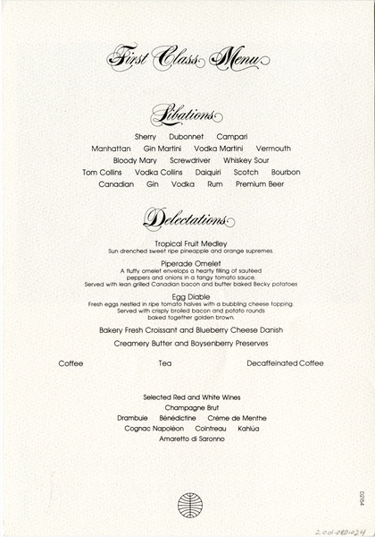 Image: menu: Pan American World Airways, First Class