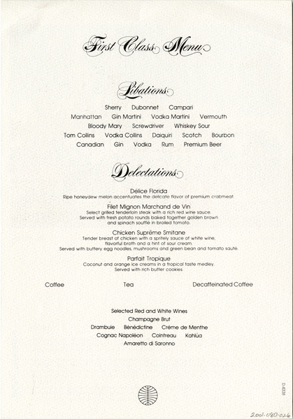 Image: menu: Pan American World Airways, First Class