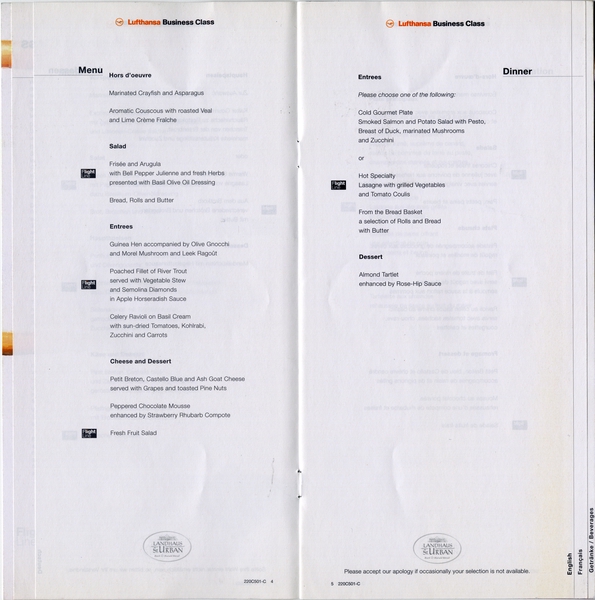 Image: menu: Lufthansa German Airlines, Business Class