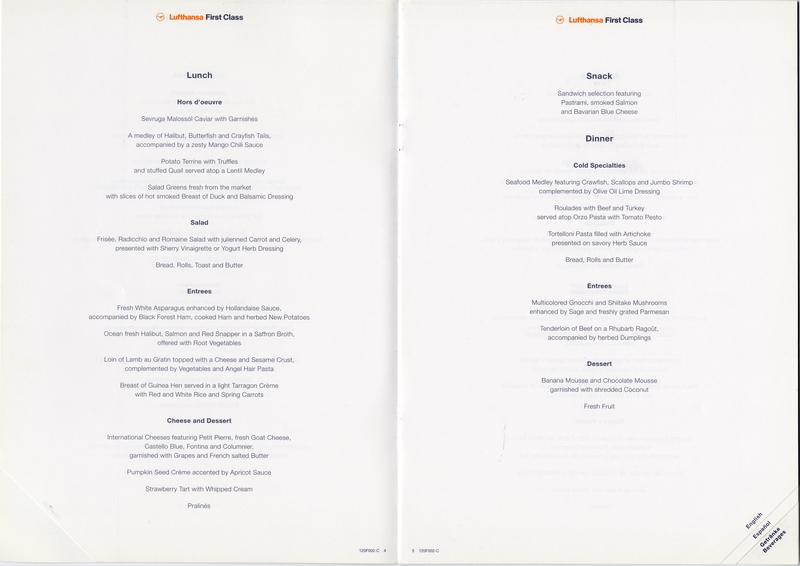 Image: menu: Lufthansa German Airlines, First Class