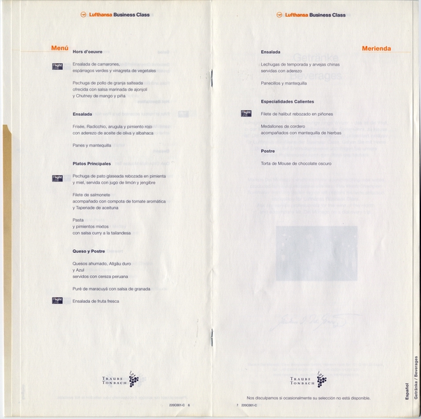 Image: menu: Lufthansa German Airlines, Business Class