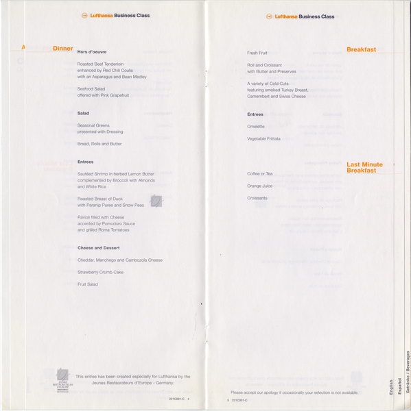 Image: menu: Lufthansa German Airlines, Business Class