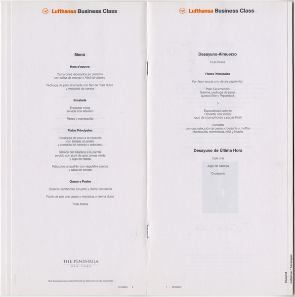 Image: menu: Lufthansa German Airlines, Business Class