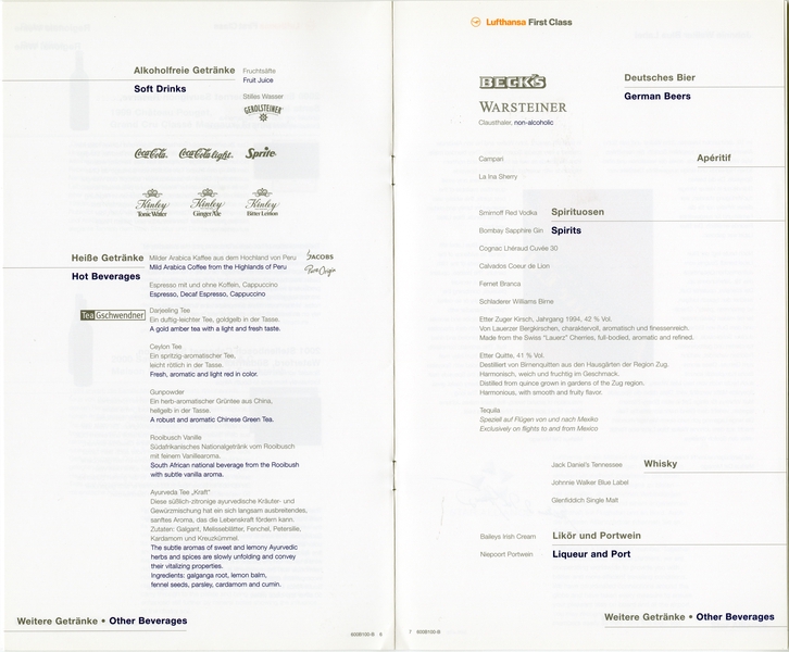 Image: menu: Lufthansa German Airlines, First Class