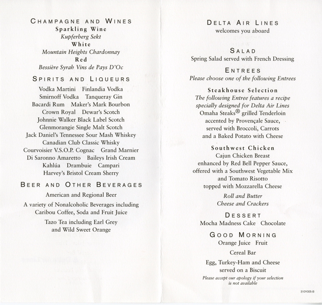 Image: menu: Delta Air Lines, Economy Class
