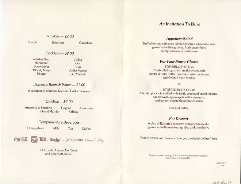 Image: menu: Eastern Air Lines, First Class