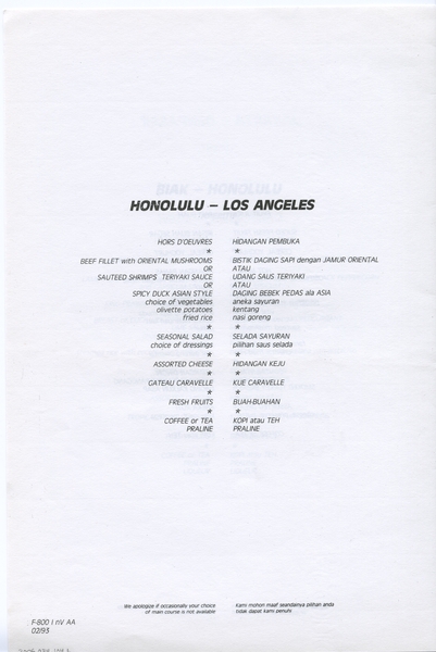 Image: menu: Garuda Indonesian Airways, First Class