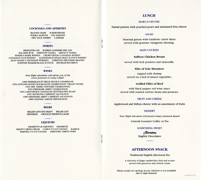 Image: menu: Northwest Airlines, Business Class