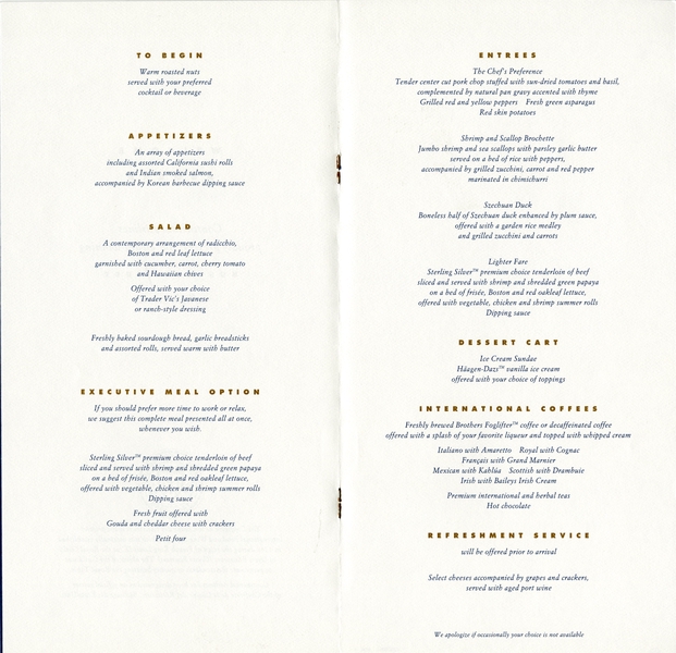 Image: menu: Continental Airlines, Business First Class