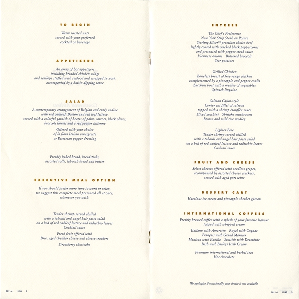 Image: menu: Continental Airlines, First Class